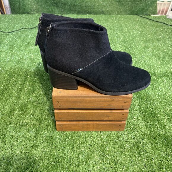 Toms Womens Lacy Black Leather Suede Felt Mix Zip Up Ankle Boots Bootie Size 8.5 - Picture 1 of 7